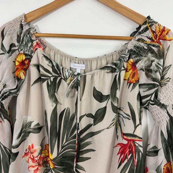 Olivaceous Women’s Size Small Beige Green Tropical Print Off Shoulder Mini Dress - Picture 3 of 8